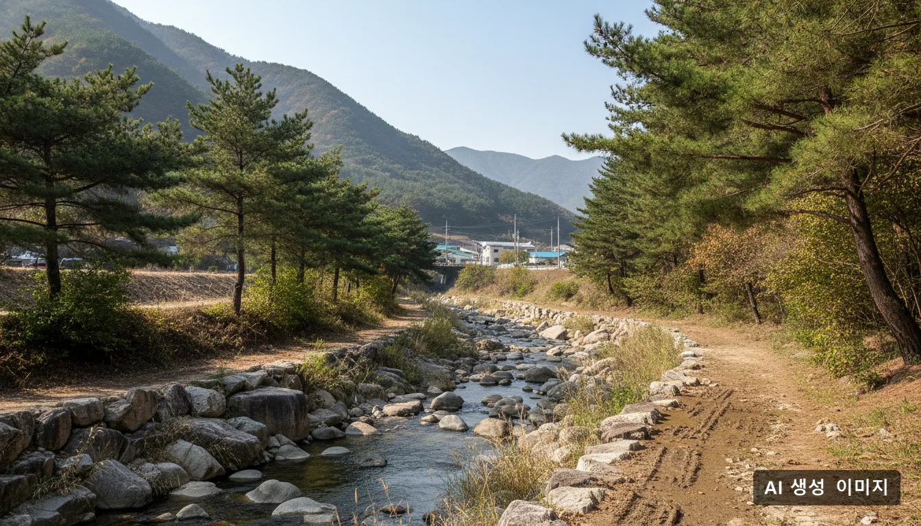 산사태 예방을 위한 사방 공사가 추진될 산자락 계곡 주변의 모습이다. · AI 생성 이미지