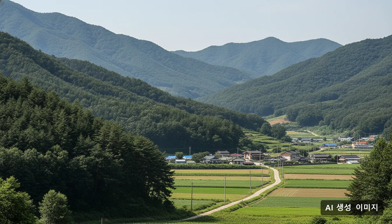 보전산지 지정이 추진되는 의성군 안사면 일대의 완만한 산자락에 푸른 숲이 넓게 펼쳐져 있다. · AI 생성 이미지