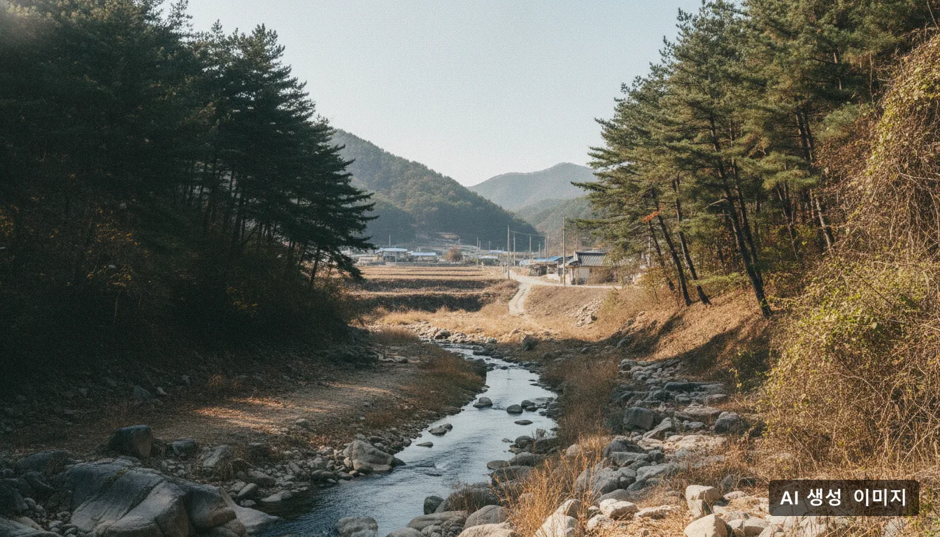 산사태 예방 시설 설치 공사가 예정된 농촌 마을 인근 야산의 골짜기 전경이다. · AI 생성 이미지