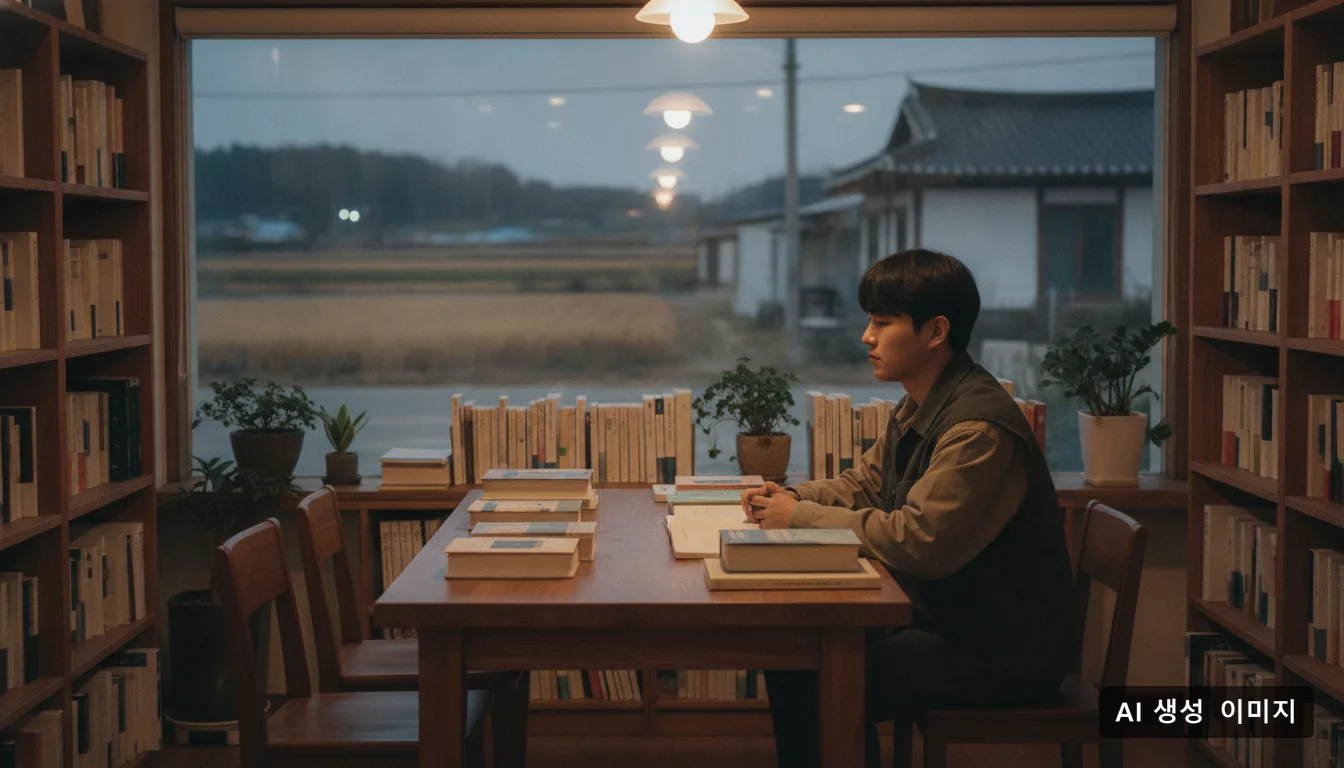 따뜻한 조명이 켜진 시골 책방의 책상 위에 책과 필기도구가 놓여 있다. · AI 생성 이미지