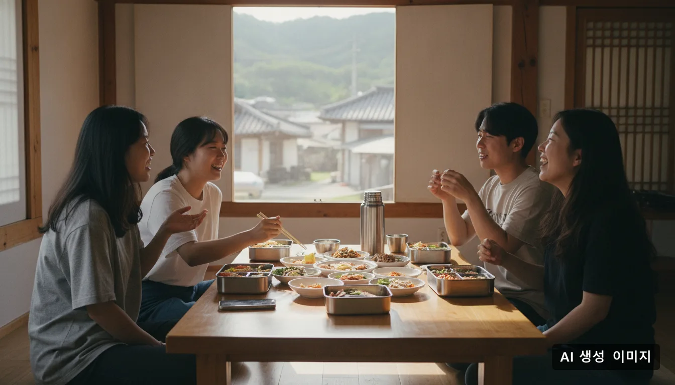 청년들이 실내 테이블에 모여 앉아 음식을 나누며 대화를 나누고 있다. · AI 생성 이미지