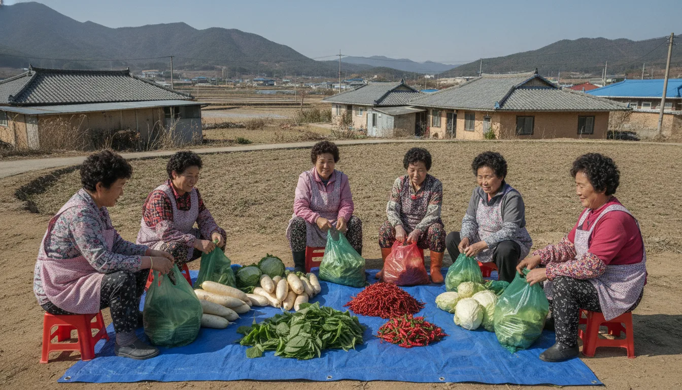 의성의 한 시골 마을에서 주민들이 앞치마를 두르고 정답게 모여 마을 일거리를 정리하고 있다. · AI 생성 이미지