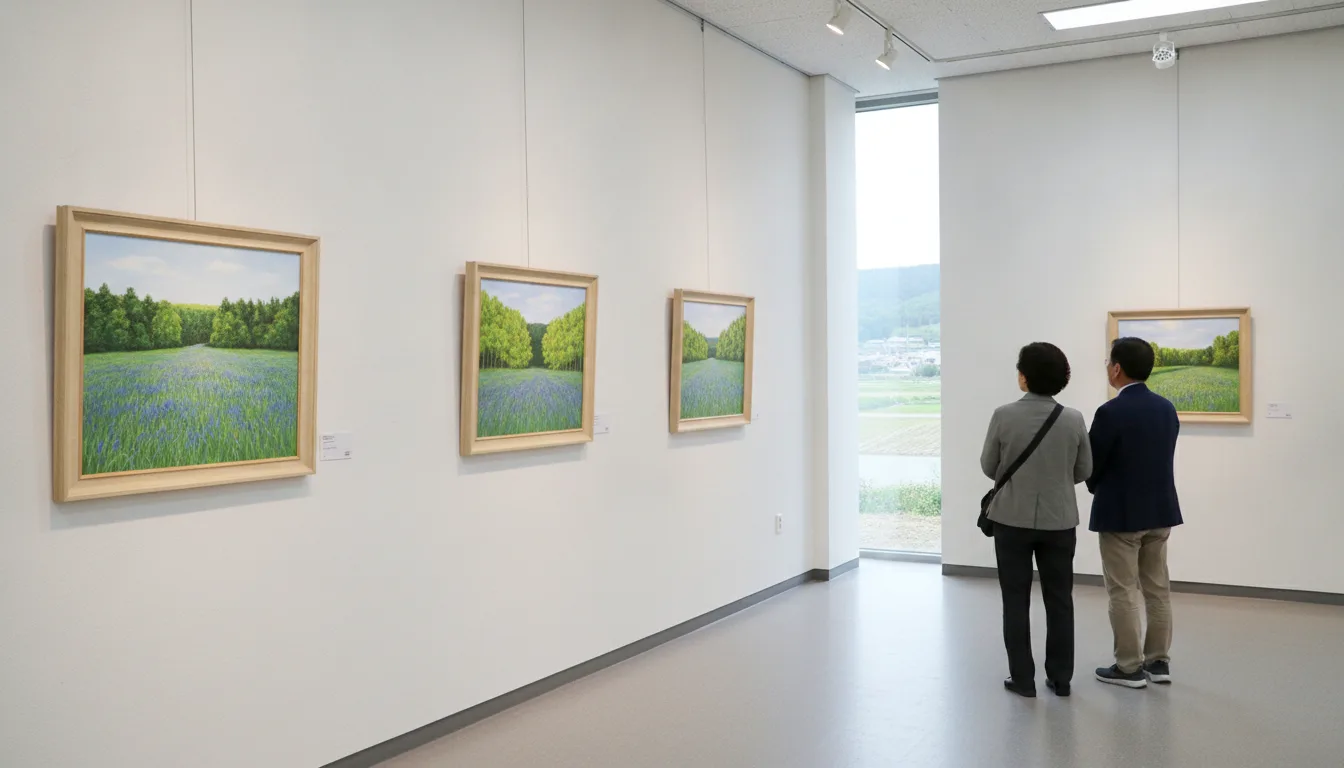 안계미술관 전시실 벽면에 자연의 회복력을 다룬 회화 작품들이 걸려 있다. · AI 생성 이미지