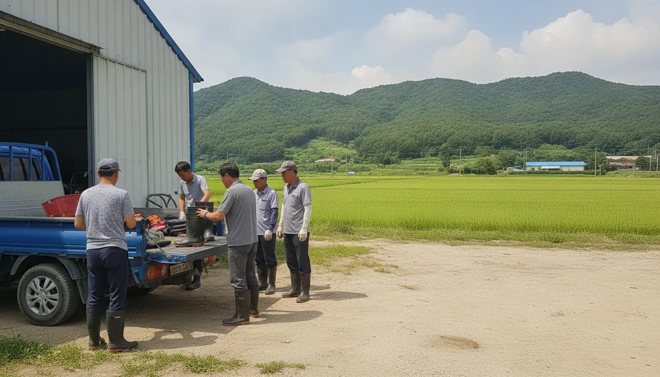 한 창고 앞마당에서 작업복 차림의 대원들이 트럭에 실린 복구 작업 도구를 점검하고 있다. · AI 생성 이미지