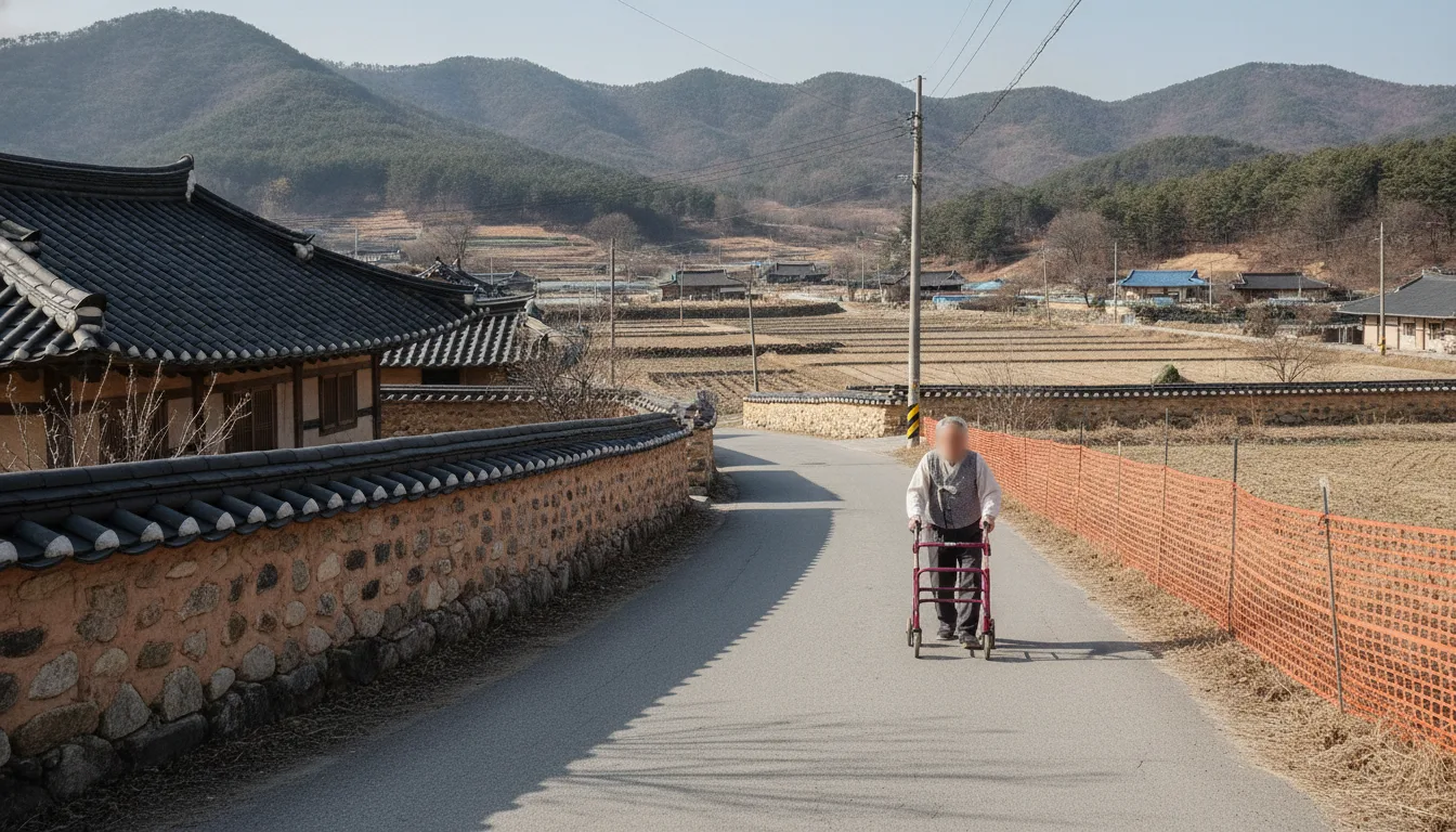 햇살이 비치는 농촌 마을 안길을 한 주민이 보행 보조기를 밀며 걸어가고 있다. · AI 생성 이미지