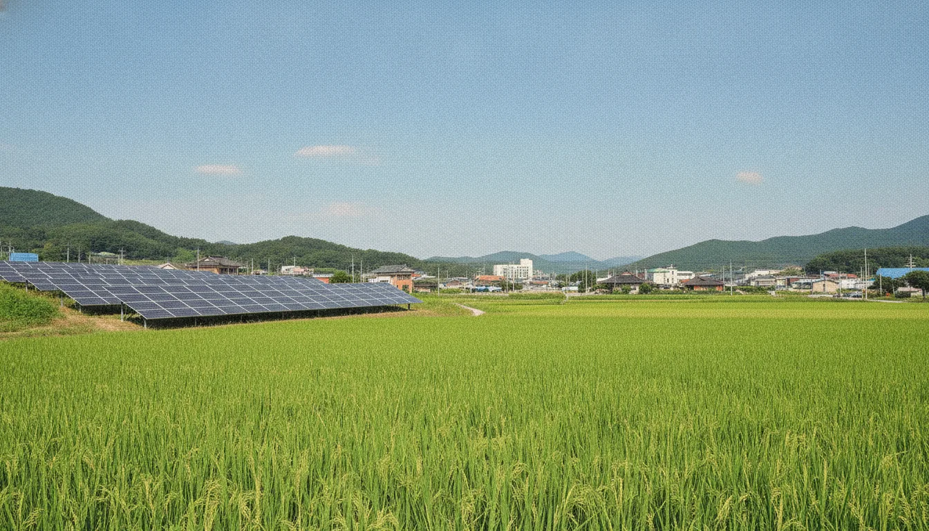 늦여름 햇살 아래 논과 맞닿은 언덕에 태양광 발전 시설이 설치되어 있다. · AI 생성 이미지