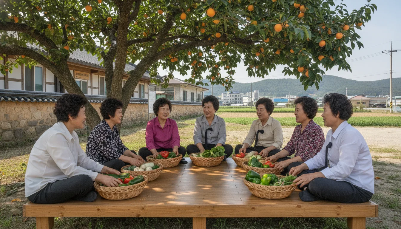 늦여름 오후 의성군의 한 마을회관 앞 평상에서 주민들이 모여 앉아 채소를 다듬고 있다. · AI 생성 이미지