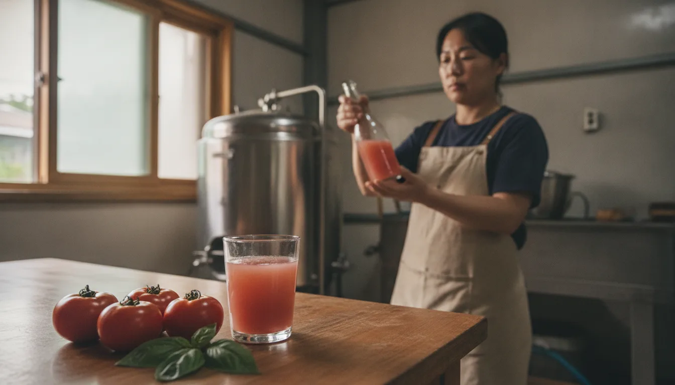 지역 농산물을 원료로 전통주를 빚는 양조장 작업대에 막걸리와 원재료가 놓여 있다. · AI 생성 이미지