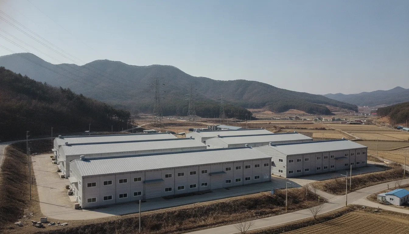 의성군 내 한 농공단지 너머로 송전탑과 전선이 이어져 있다. · AI 생성 이미지