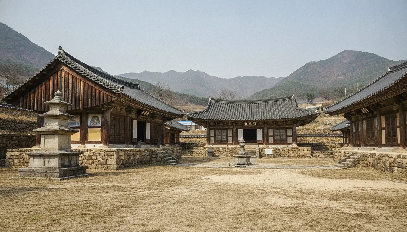의성군 다인면 비봉산 자락에 자리한 대곡사 경내에 오래된 전각과 석탑이 고요히 자리하고 있다. · AI 생성 이미지
