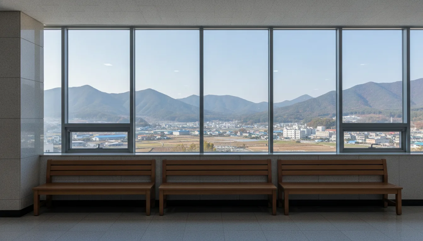 공공청사 복도 창가에 민원인용 의자가 놓여 있다. · AI 생성 이미지