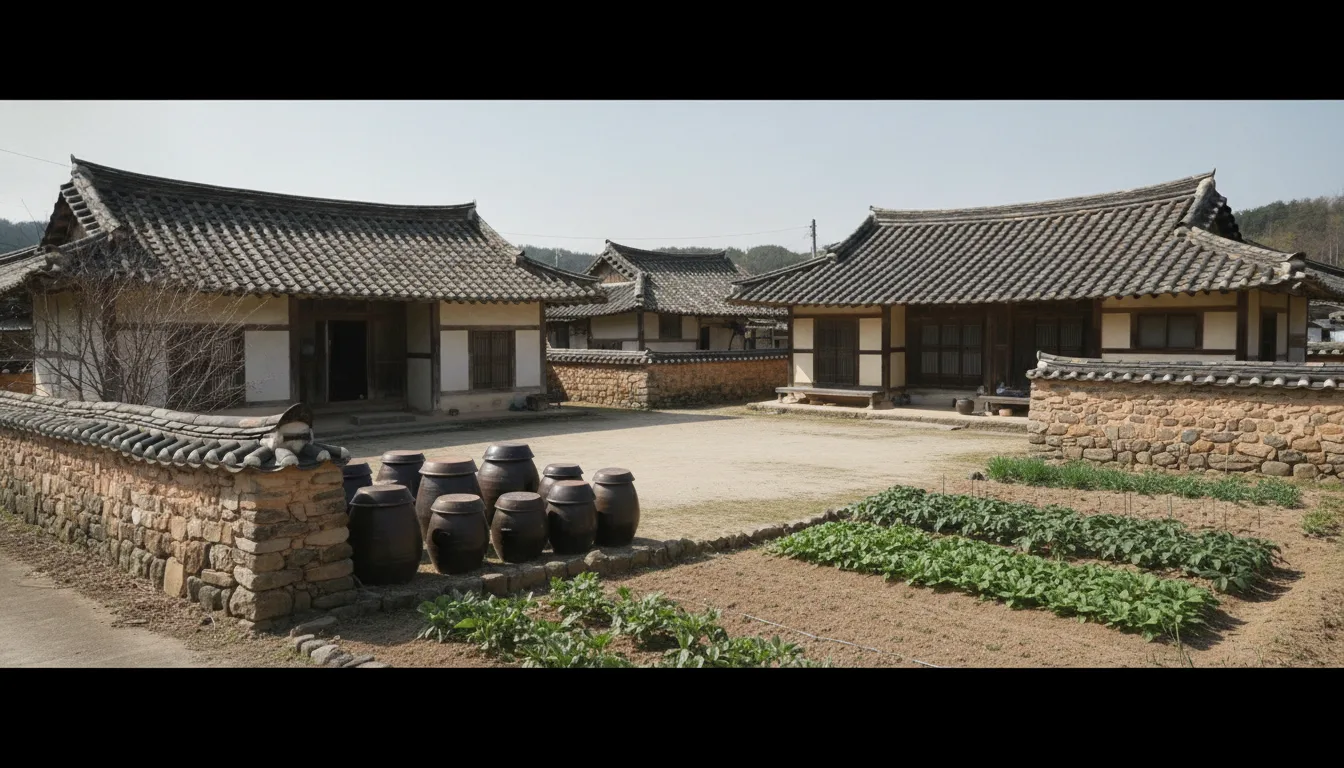 낮은 돌담 너머로 오랜 세월의 흔적이 묻어나는 단층 기와집과 마당이 보인다. · AI 생성 이미지