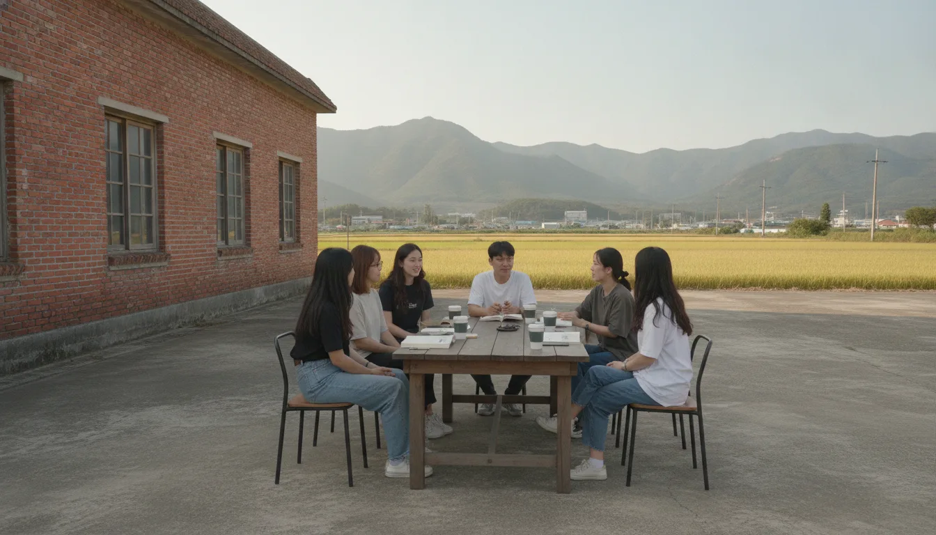 초가을 맑은 날 야외 테이블에 둘러앉은 청년들이 이야기를 나누고 있다. · AI 생성 이미지