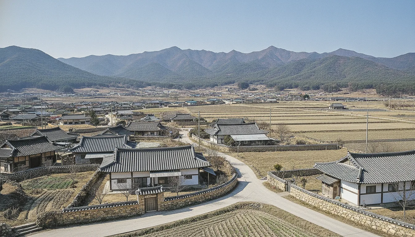나지막한 산자락 아래 주택과 밭이 어우러진 경북 농촌 마을의 전경이다. · AI 생성 이미지