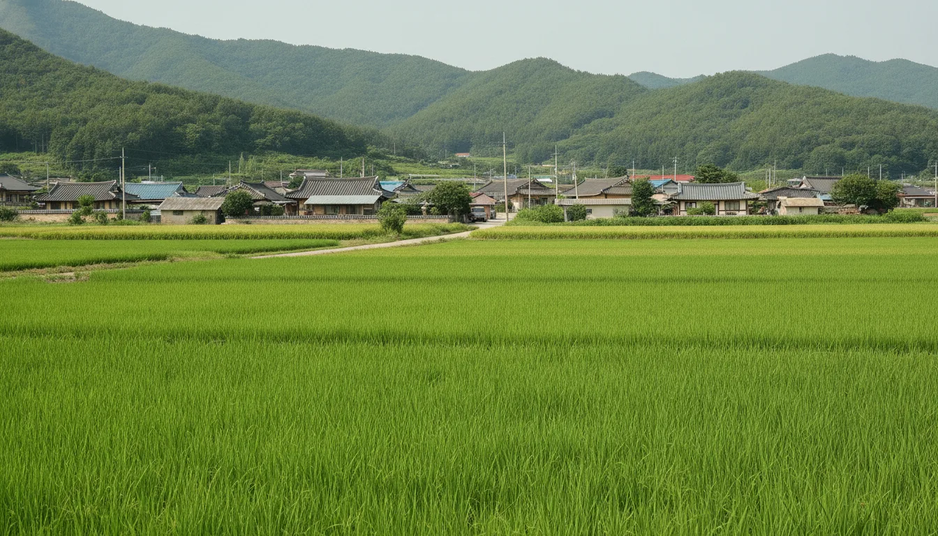 산자락 아래 농가와 푸른 논이 자리 잡은 의성의 한 농촌 마을 전경이다. · AI 생성 이미지