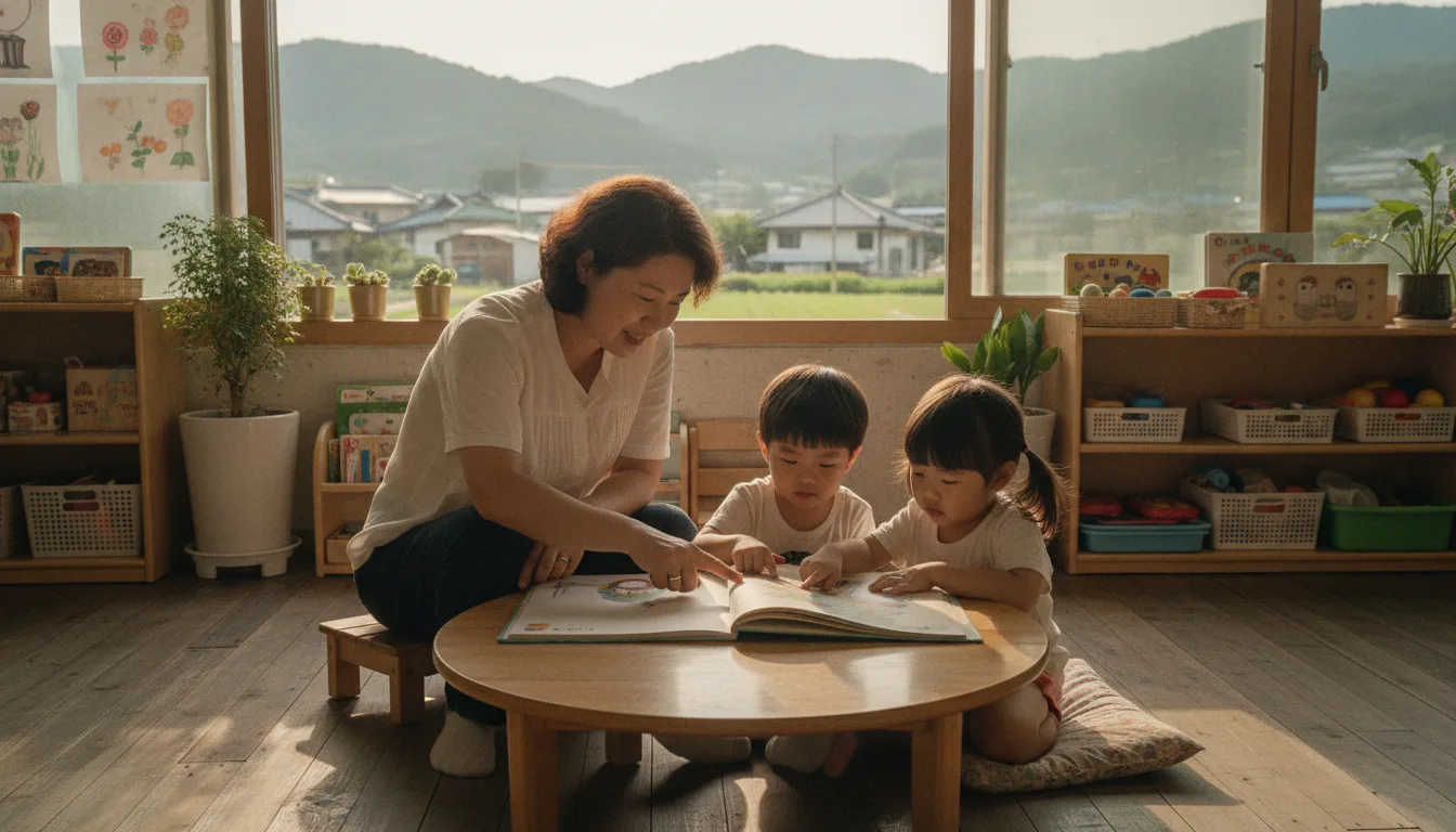 의성군의 한 마을 돌봄시설에서 돌봄 교사와 아이들이 책을 보며 시간을 보내고 있다. · AI 생성 이미지