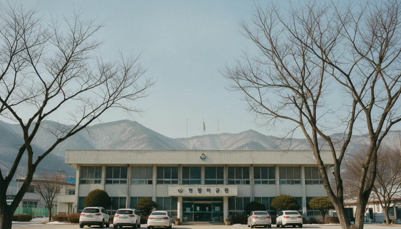 겨울 햇살이 비치는 의성군 한 면사무소 앞마당과 청사 주변 풍경이다. · AI 생성 이미지