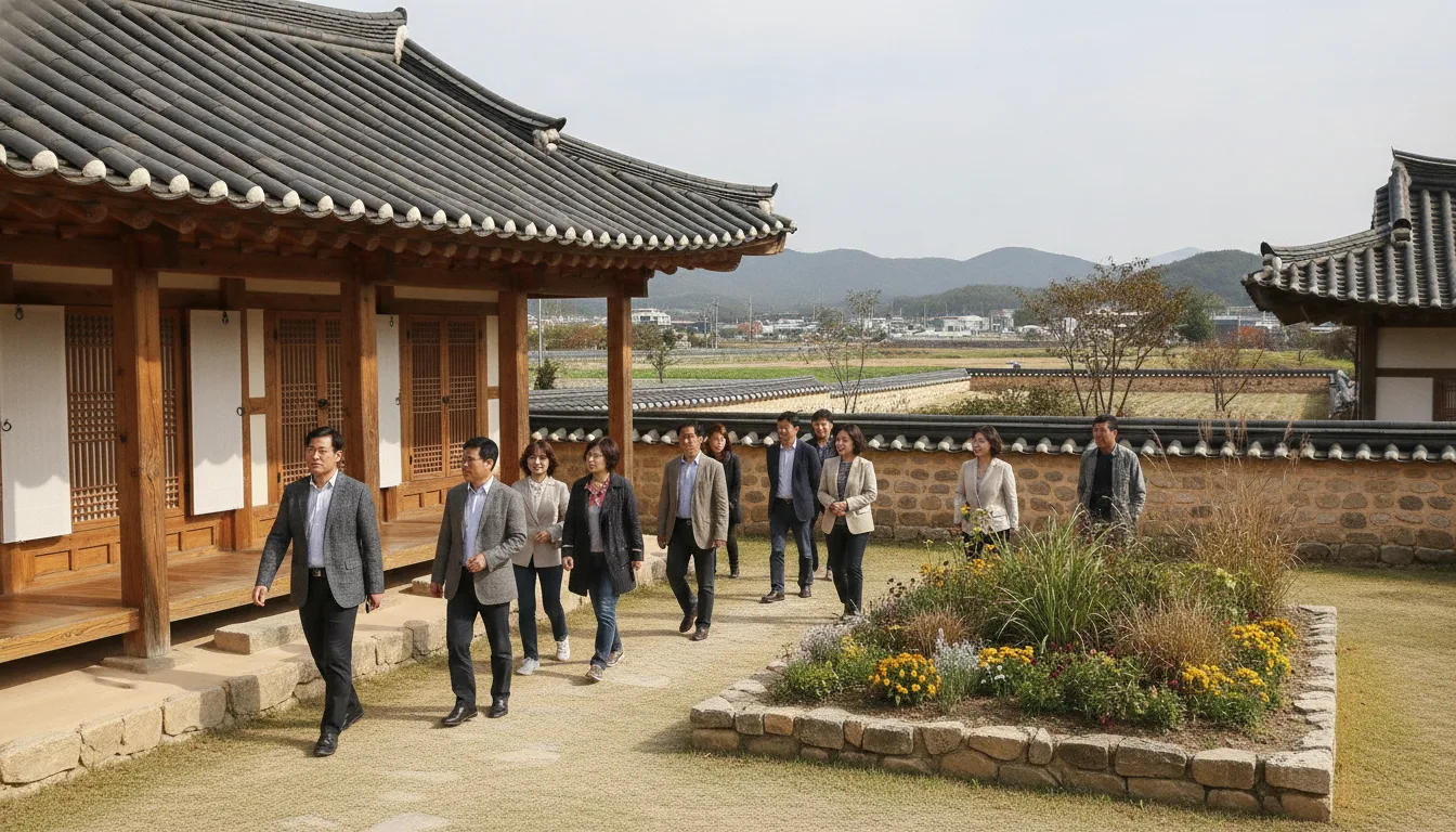 초가을 오후 볕이 드는 전통 한옥 고택 마당을 사람들이 둘러보고 있다. · AI 생성 이미지