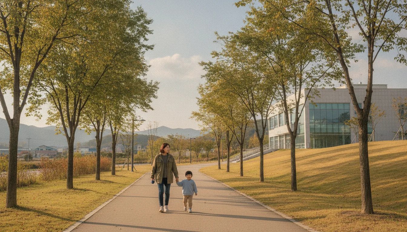 초가을 햇살 아래 한 여성이 아이의 손을 잡고 공원 산책로를 걷고 있다. · AI 생성 이미지