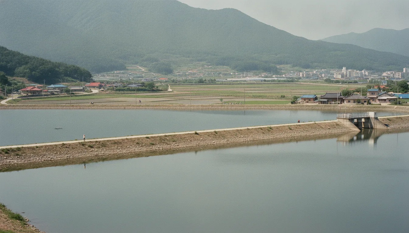 산자락 아래로 저수지 제방과 잔잔한 물길이 이어져 있다. · AI 생성 이미지
