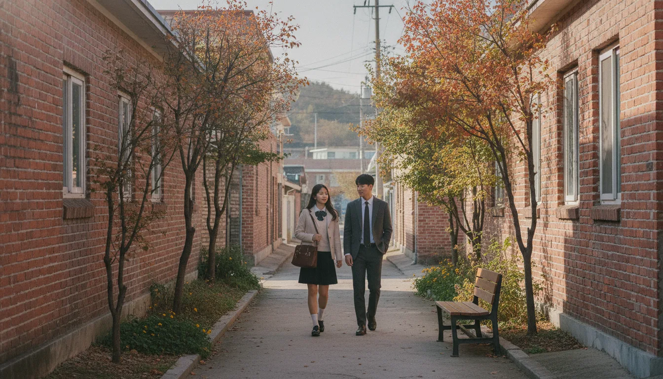 초가을 오후 읍내 골목길을 두 청년이 나란히 걸어가고 있다. · AI 생성 이미지