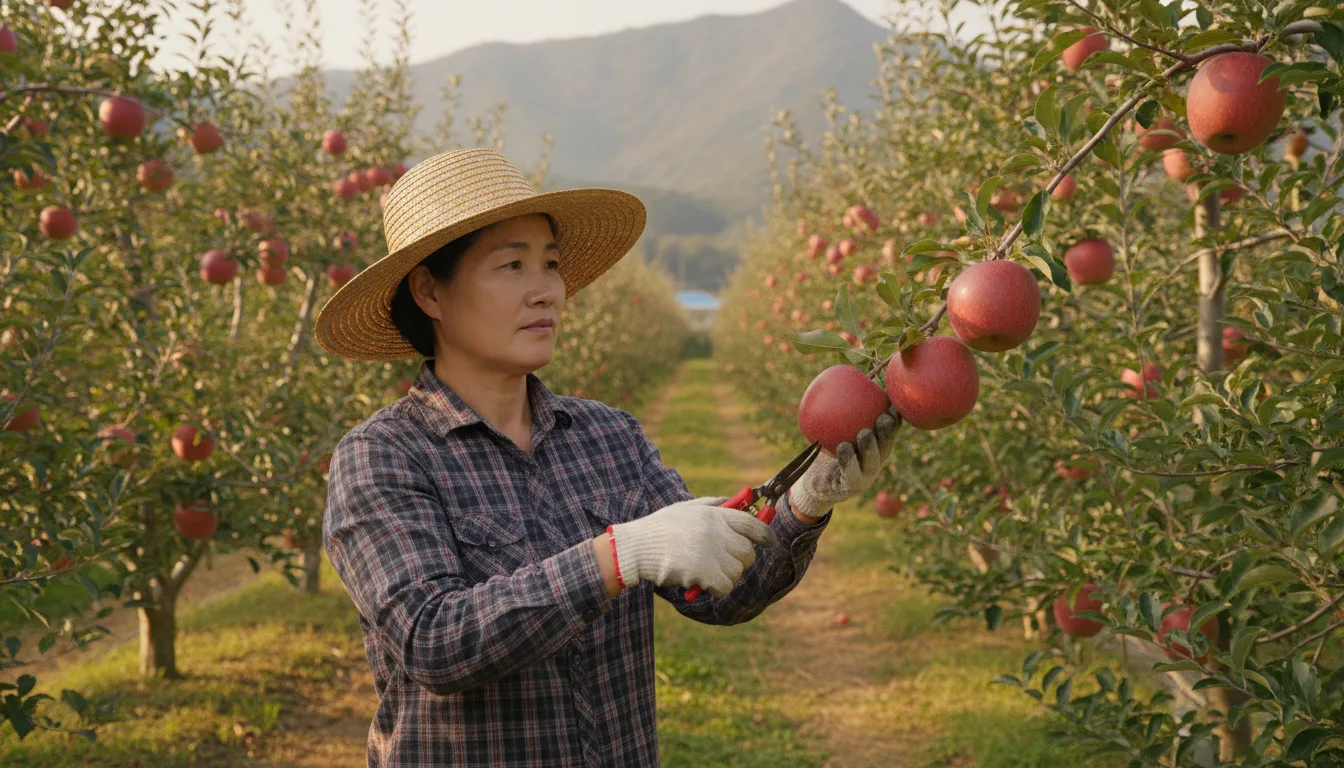 초가을을 맞은 과수원에서 한 여성 농업인이 사과 생육 상태를 살피고 있다. · AI 생성 이미지