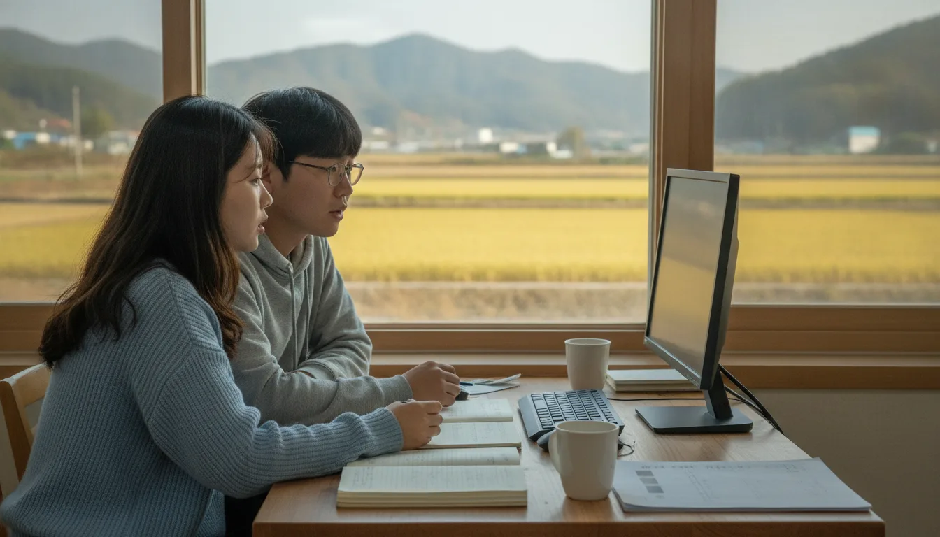 교육 시설 창가에서 청년들이 컴퓨터 화면을 보며 이야기를 나누고 있다. · AI 생성 이미지