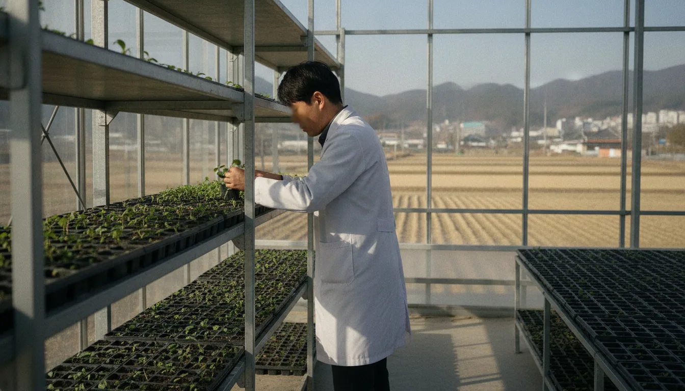 한 연구원이 유리온실 안에서 재배 중인 식물 모종을 살펴보고 있다. · AI 생성 이미지