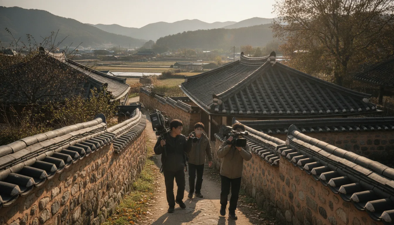 초가을 오후 고즈넉한 한옥 마을 돌담길을 따라 방송 촬영팀이 장비를 들고 이동하고 있다. · AI 생성 이미지