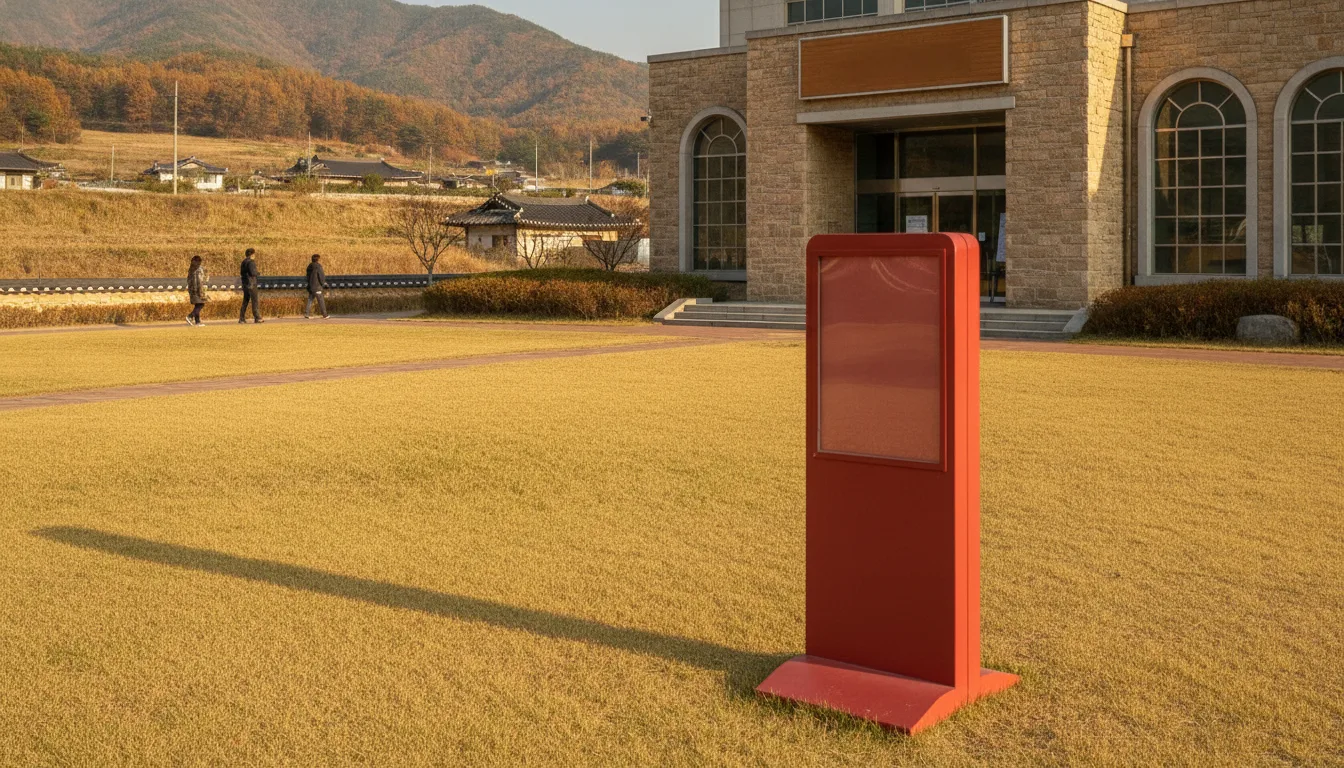 공연이 열릴 문화회관 입구 앞마당에 안내 거치대가 놓여 있다. · AI 생성 이미지