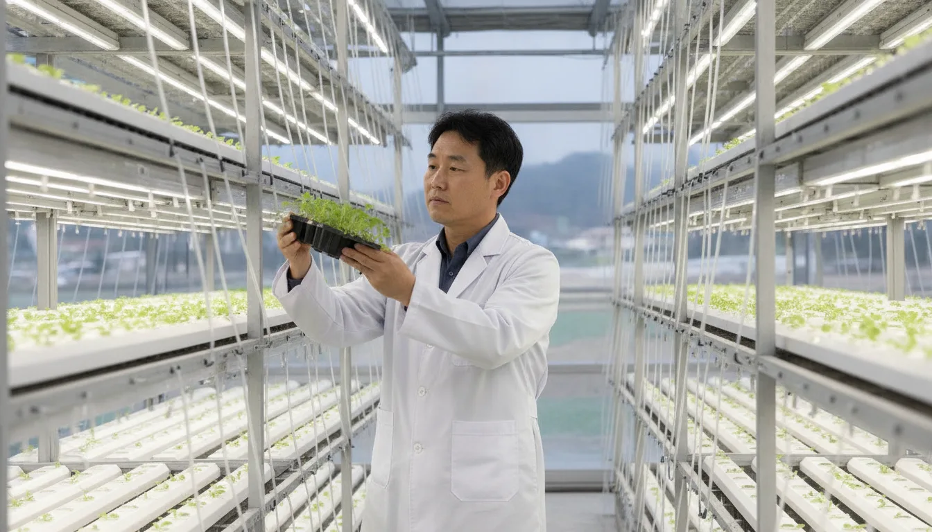 스마트팜 온실에서 한 연구원이 선반에 자라는 식물 모종을 살펴보고 있다. · AI 생성 이미지