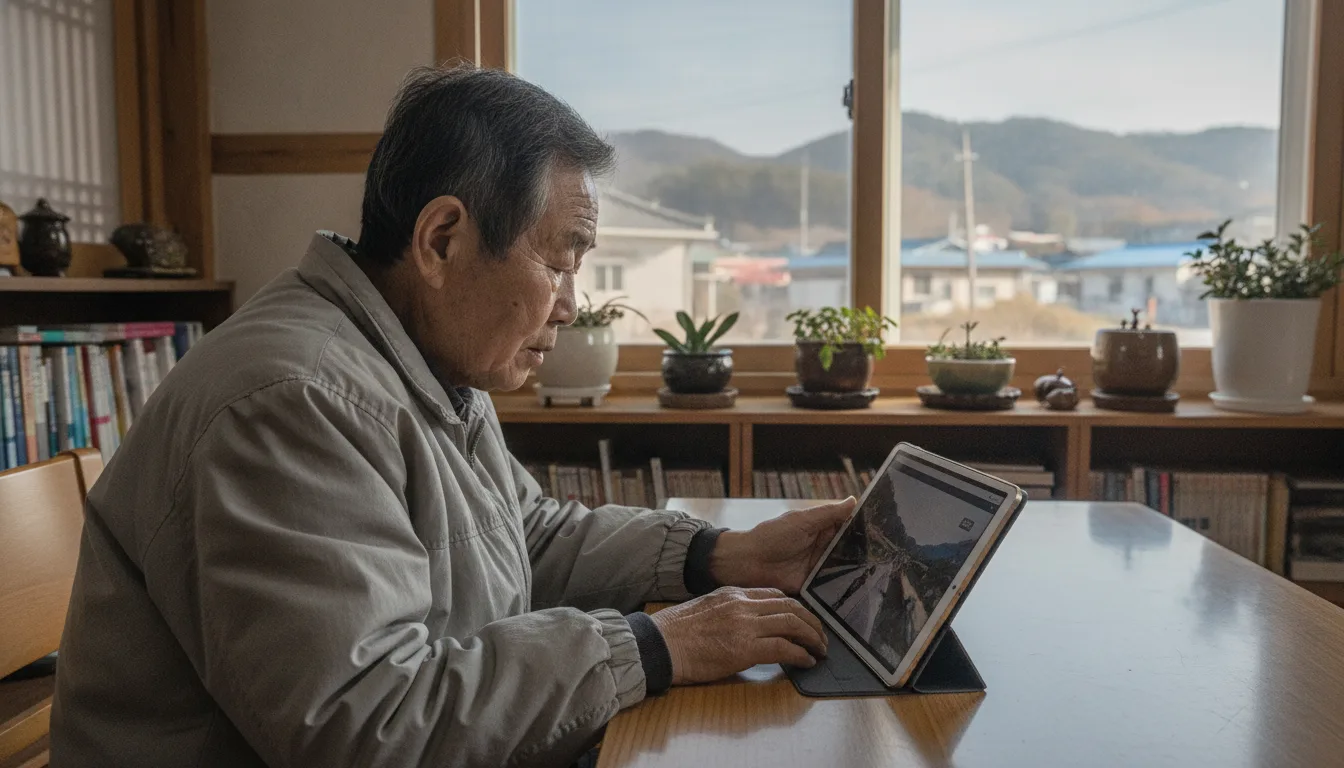 한 면 소재지 문화공간에서 주민이 태블릿 컴퓨터 화면으로 디지털 영상을 살펴보고 있다. · AI 생성 이미지