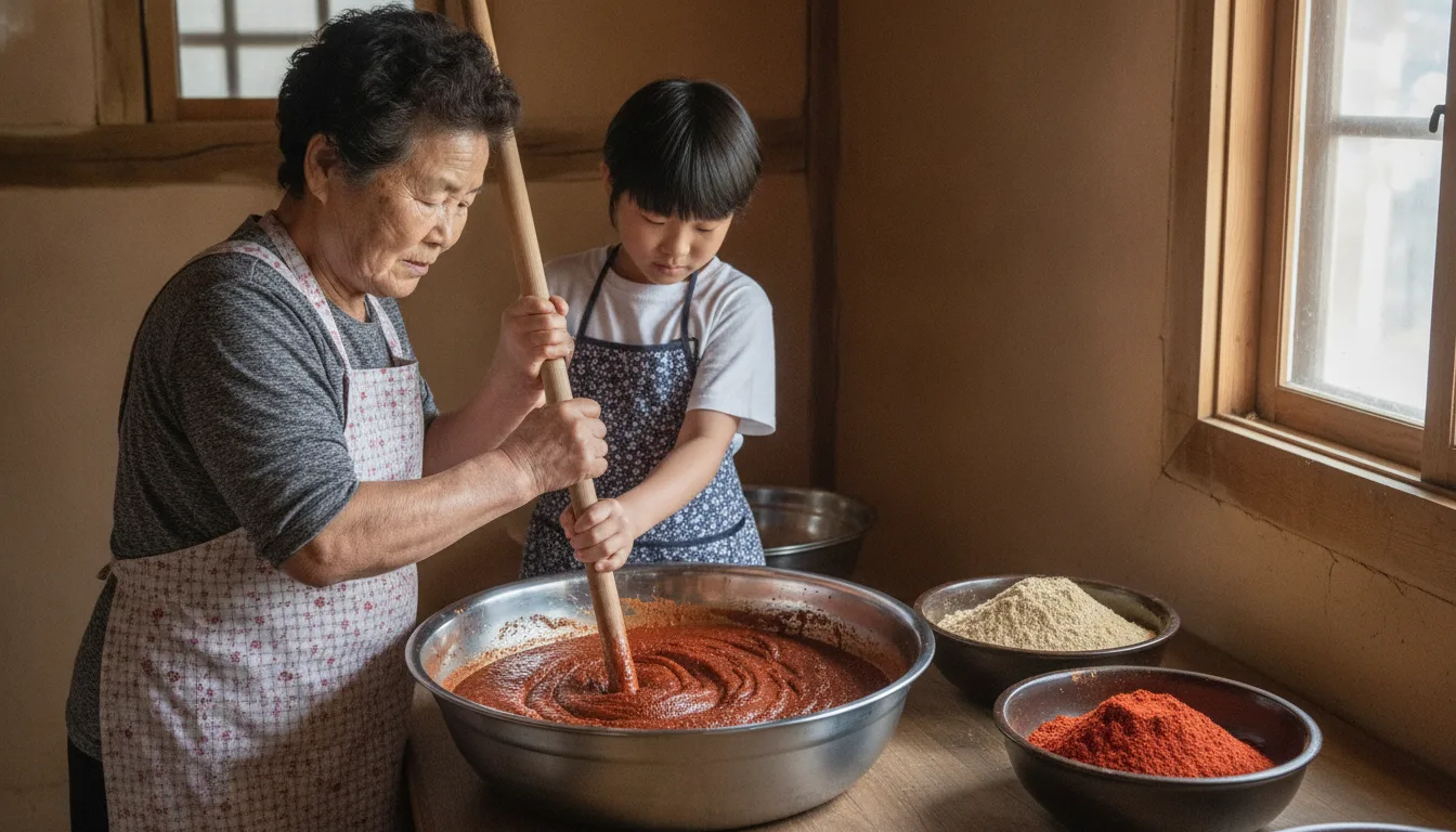 지역 어르신과 어린이가 조리대 앞에서 함께 주걱을 잡고 전통 고추장을 정성스레 버무리고 있다. · AI 생성 이미지