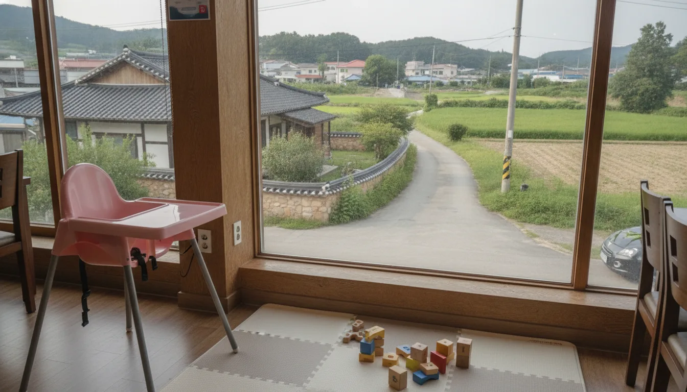 한 일반음식점 실내에 유아용 식탁의자와 어린이 놀이 공간이 마련되어 있다. · AI 생성 이미지