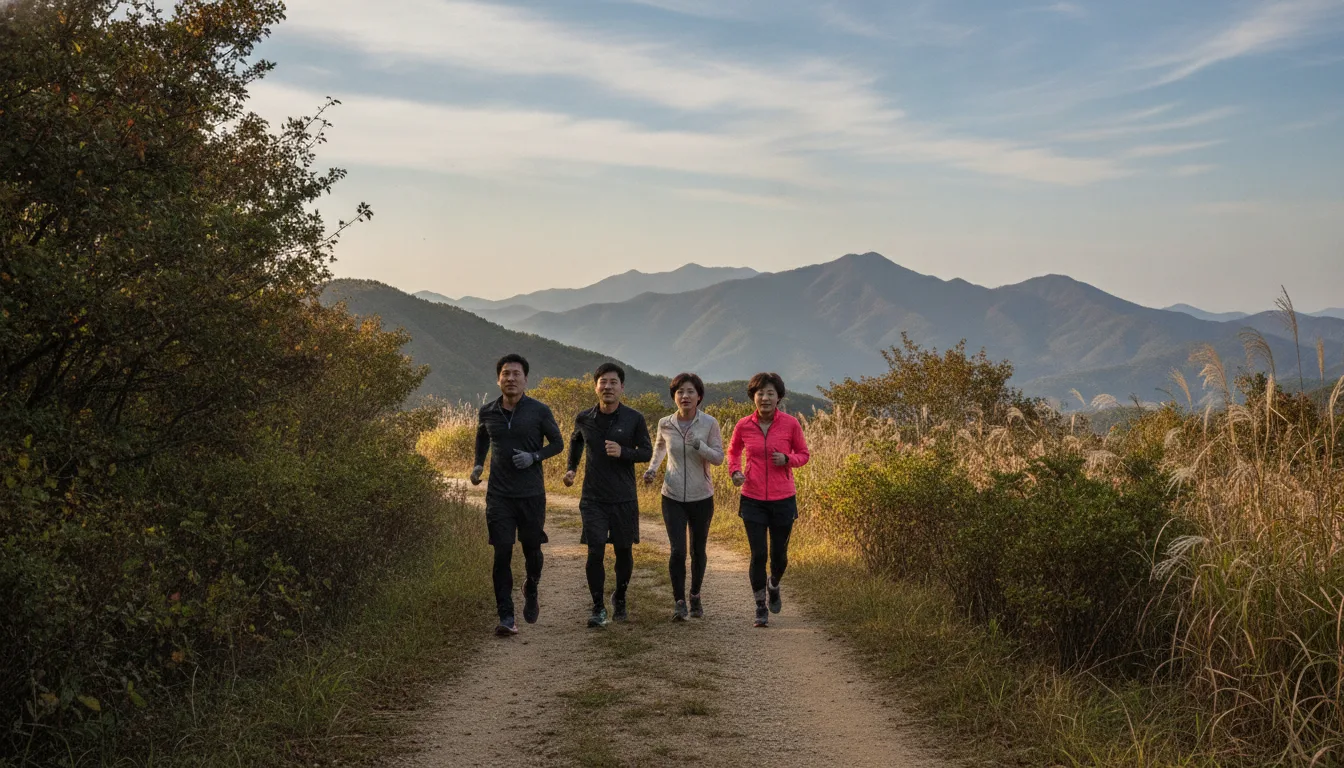 의성읍 구봉산 자락 산책로에서 시민들이 산길을 달리며 체력을 다지고 있다. · AI 생성 이미지