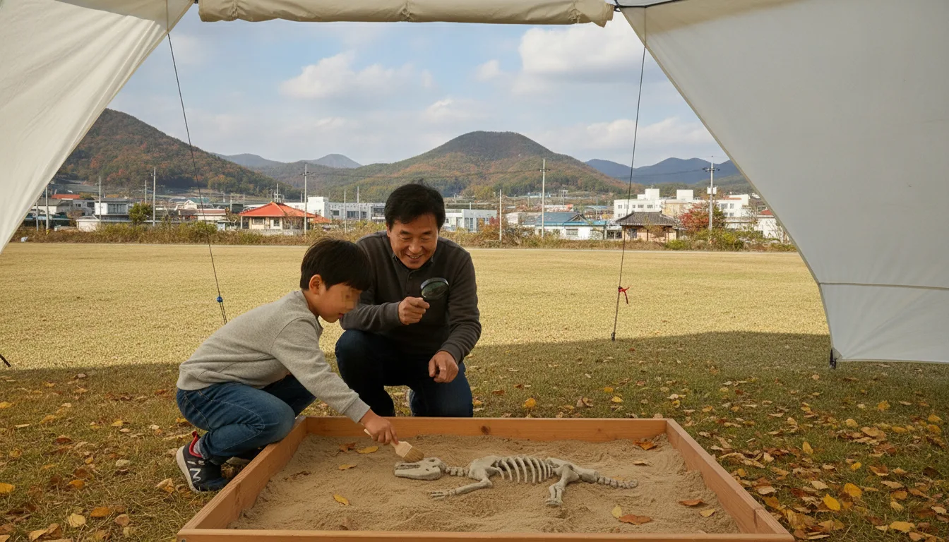 야외 체험 부스에서 어린이가 모형 화석 발굴 체험을 하고 있다. · AI 생성 이미지