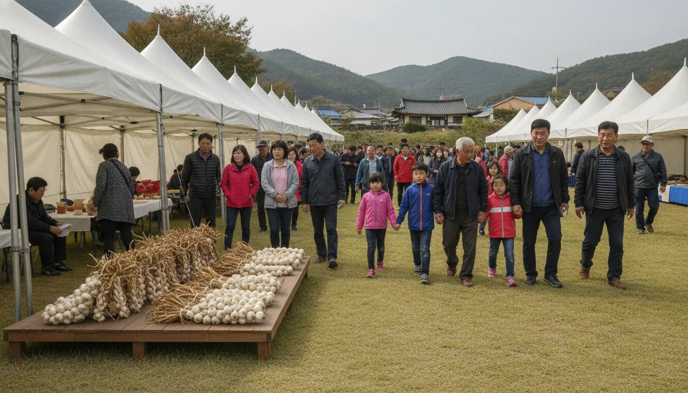 야외 행사장에 마련된 농산물 판매 천막 앞을 주민과 방문객들이 오가고 있다. · AI 생성 이미지