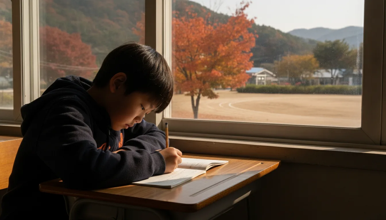 초등학교 교실에서 한 학생이 공책에 연필로 글을 쓰고 있다. · AI 생성 이미지