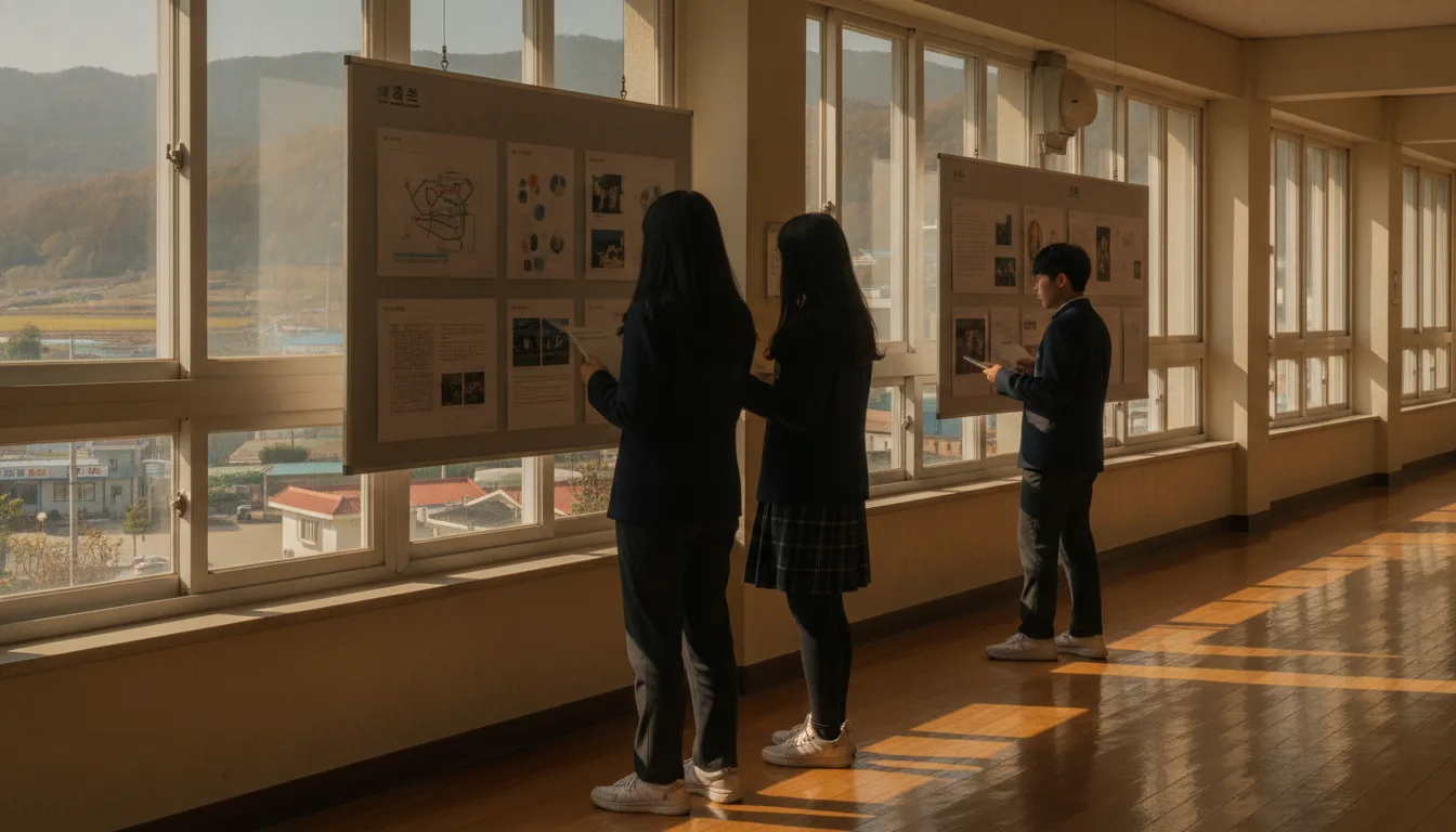 교내 복도에 마련된 전시 공간에서 학생들이 게시된 자료 패널을 살펴보고 있다. · AI 생성 이미지
