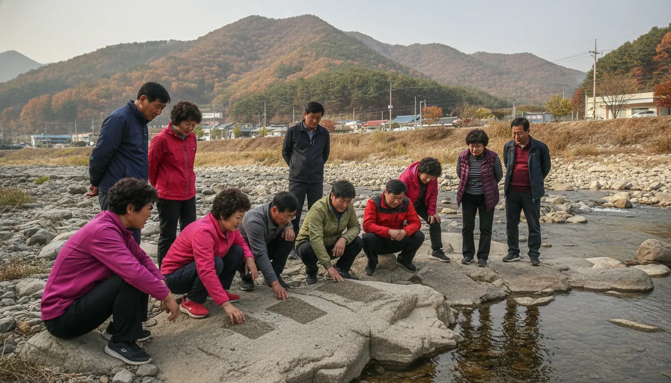 점곡면 야외 암반 지대에서 주민들이 둘러앉아 지형을 살펴보고 있다. · AI 생성 이미지
