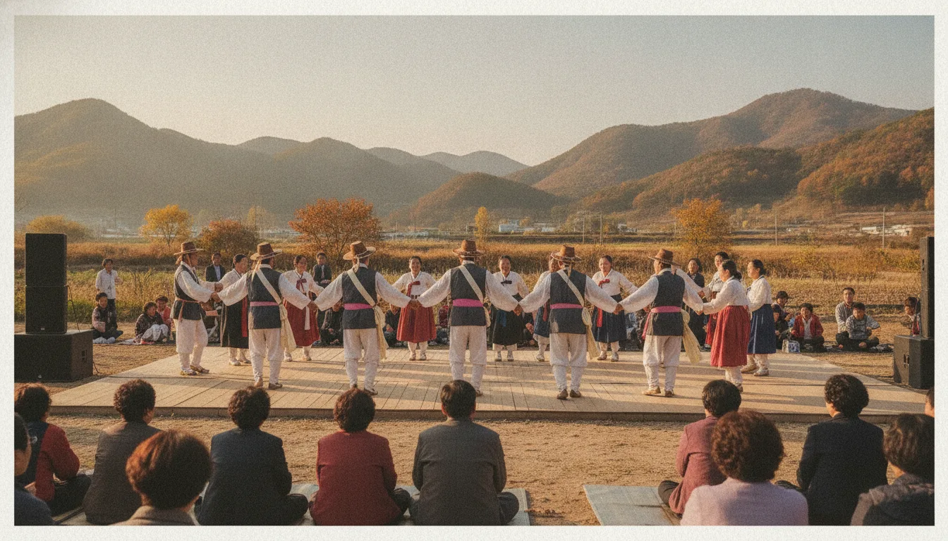 의성문화제 야외 무대에서 한복과 옛 옷차림을 한 주민 배우들이 창작극 공연을 선보이고 있다. · AI 생성 이미지