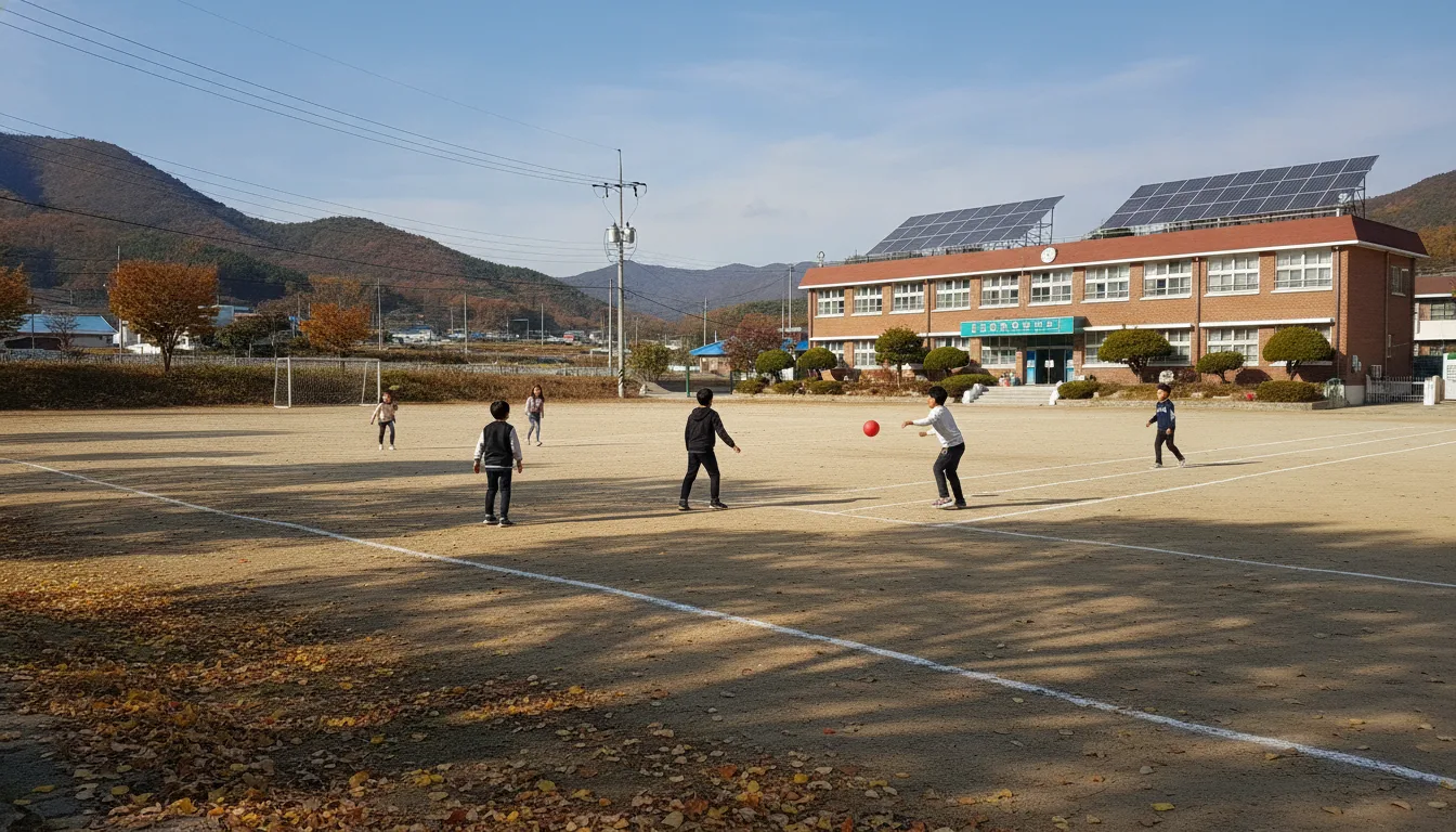 가을 햇살이 비치는 한 초등학교 교사 뒤편으로 전력 설비와 전신주가 이어져 있다. · AI 생성 이미지