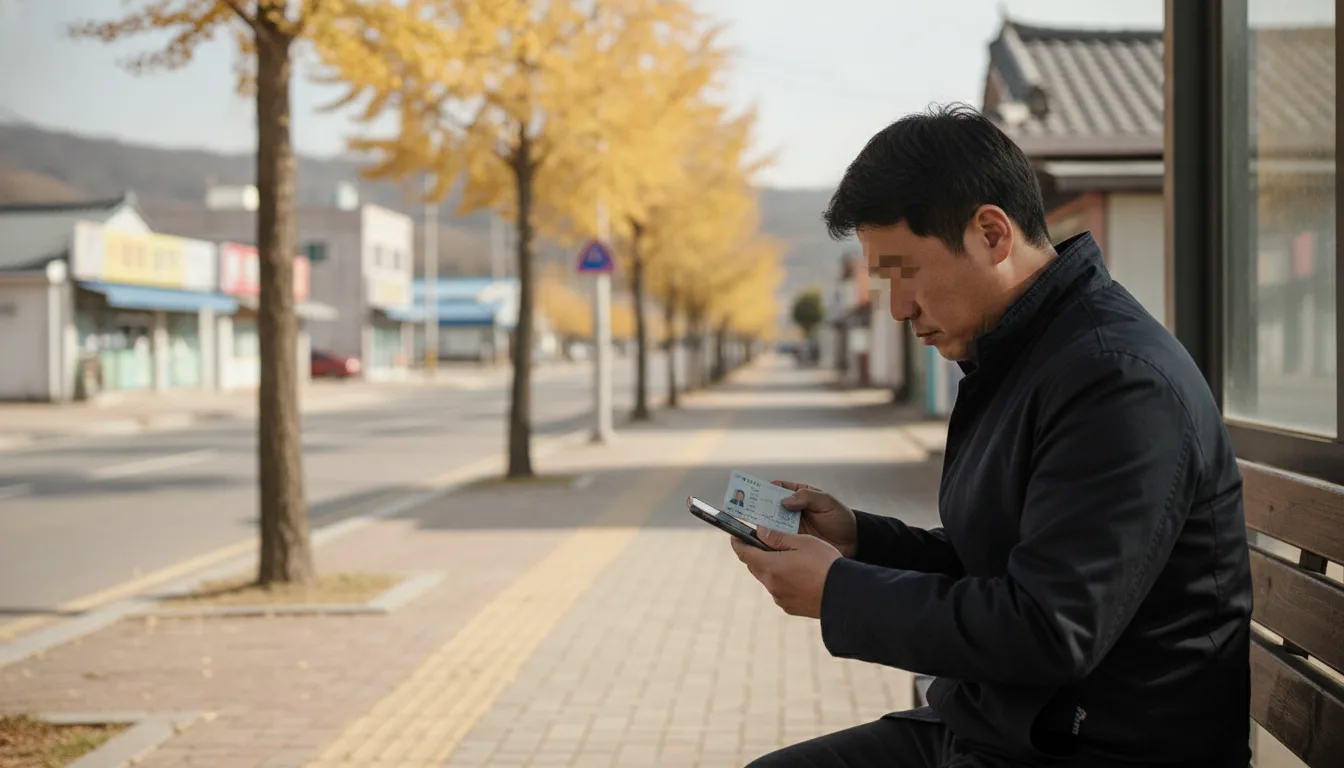 한 주민이 스마트폰 뒷면에 신분증을 맞대어 모바일 신원 확인 절차를 시도하고 있다. · AI 생성 이미지