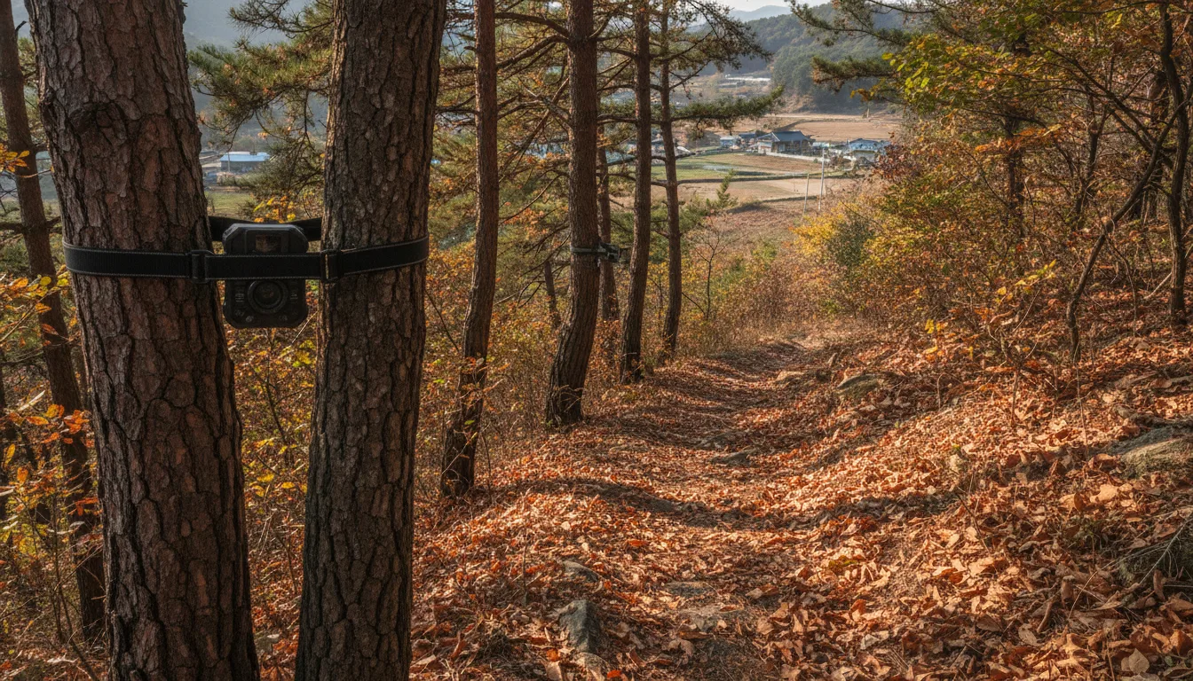 산림 속 나뭇가지에 설치된 무인 센서 카메라가 주변 숲길을 향하고 있다. · AI 생성 이미지