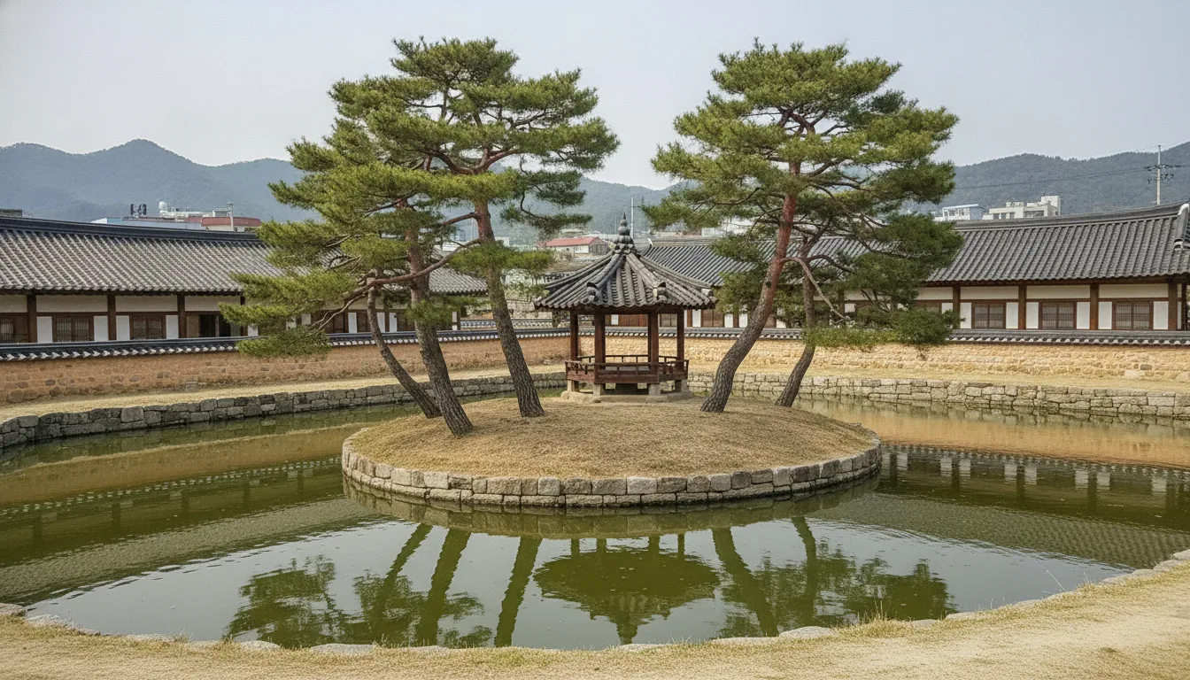 의성군 금성면 산운마을의 전통 가옥 소우당 정원에 연못과 기와 건물이 고즈넉하게 자리하고 있다. · AI 생성 이미지