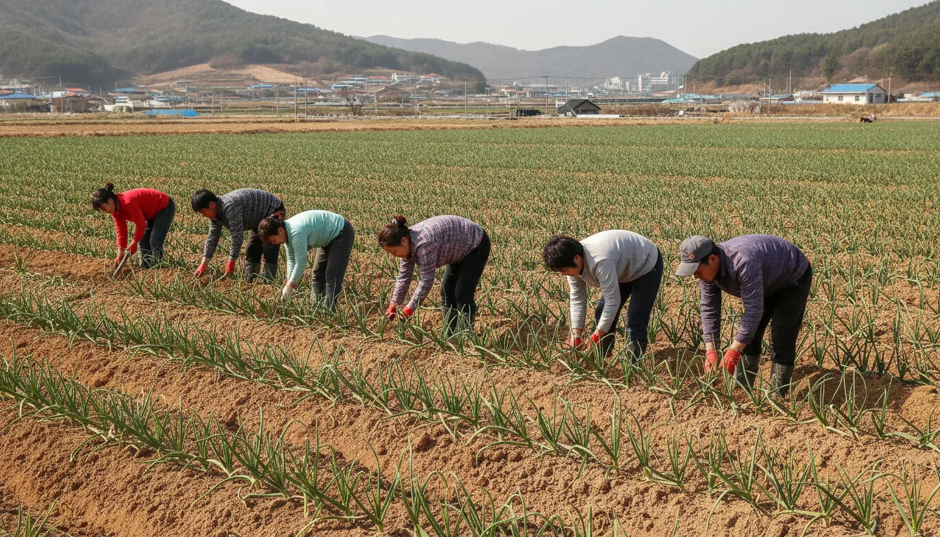 의성군의 한 마늘밭에서 외국인 계절근로자들과 농민이 함께 농작업을 하고 있다. · AI 생성 이미지