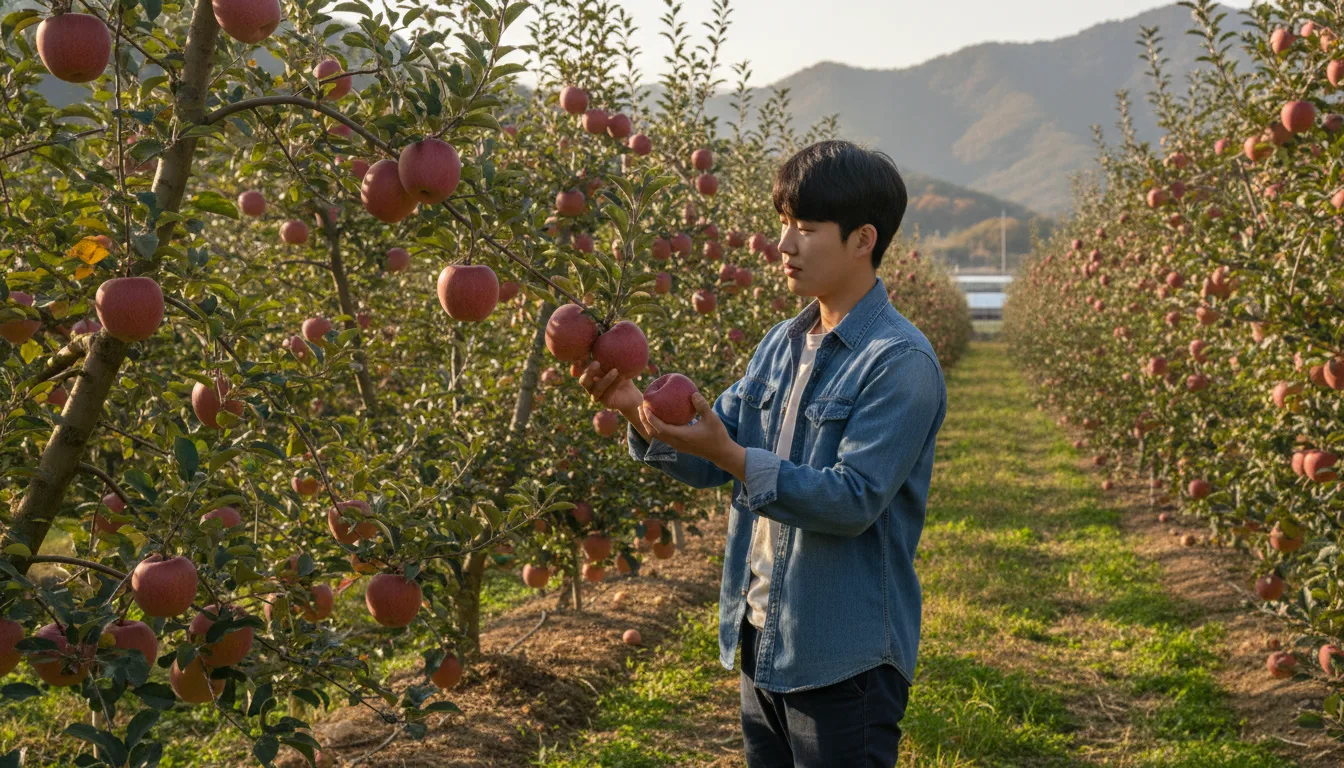 가을 햇볕이 드는 사과 과수원에서 한 청년이 결실을 맺은 사과를 살펴보고 있다. · AI 생성 이미지