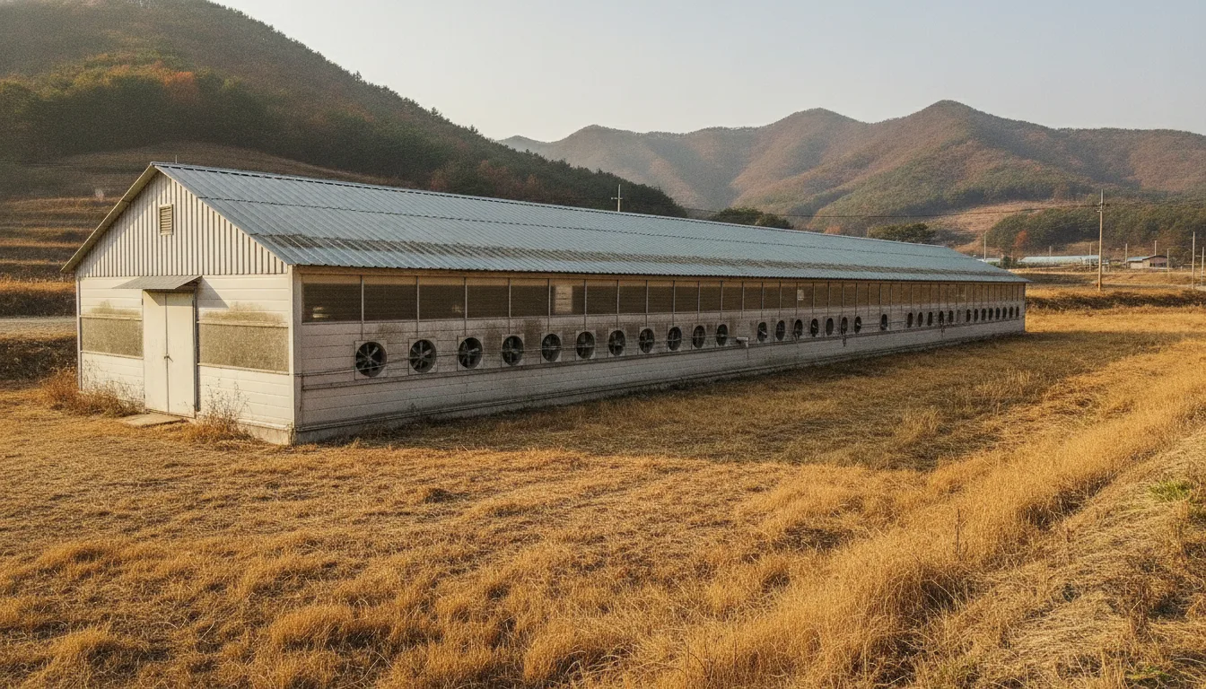 의성군 안계면의 한 농가 축사 외벽에 환기 시설이 설치되어 있다. · AI 생성 이미지