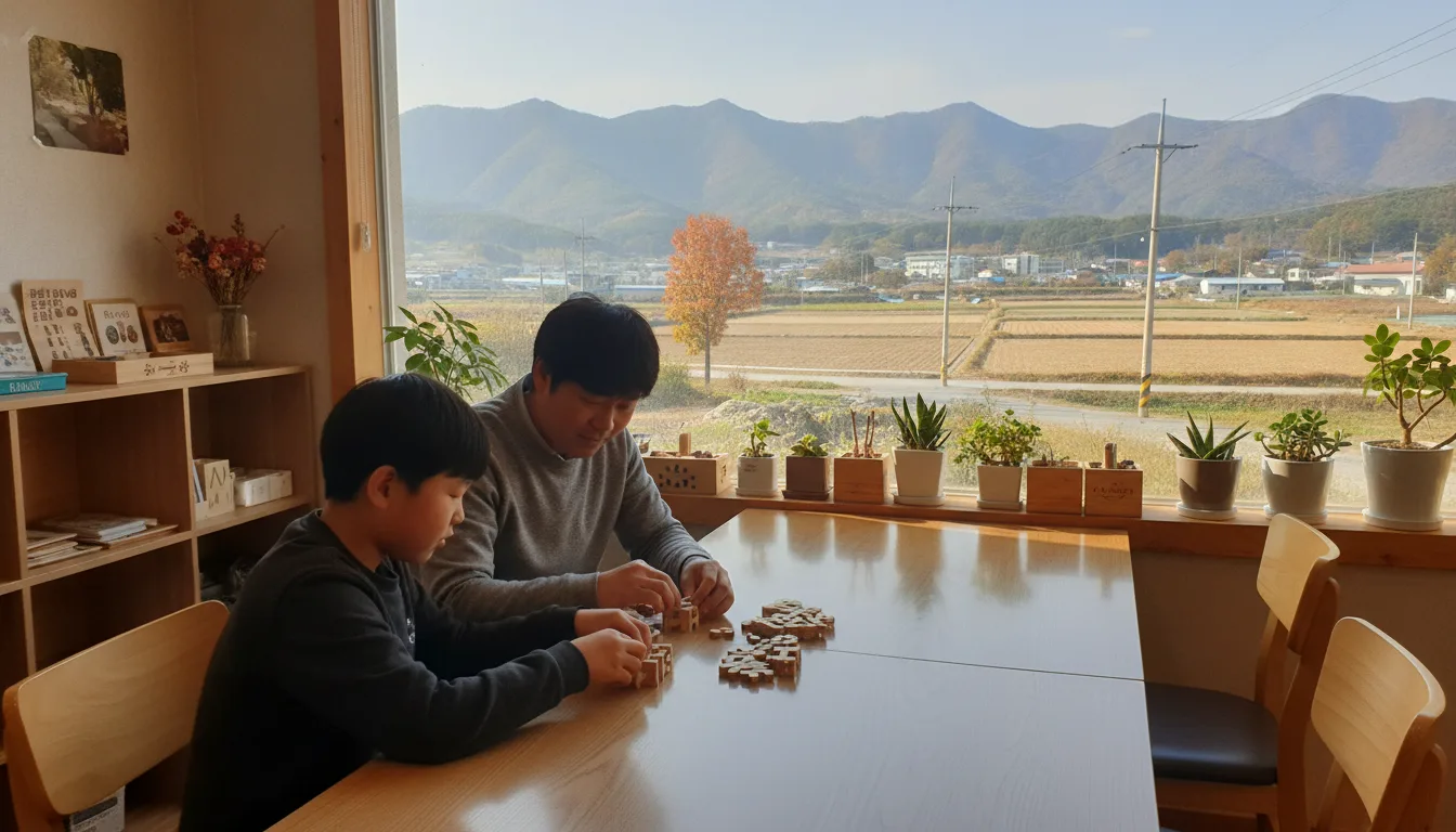 의성조문국박물관 가족문화체험실에서 어린이와 보호자가 나무 교구를 조립하고 있다. · AI 생성 이미지