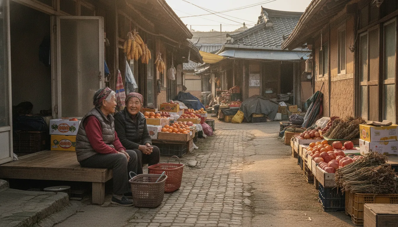 늦가을 의성군의 한 골목 상점가 앞 평상에 주민들이 앉아 대화를 나누고 있다. · AI 생성 이미지